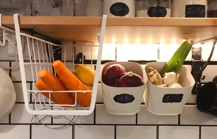 fruits and vegetables handing on floating shelves