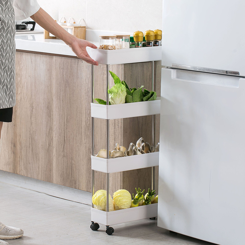 narrow storage cabinets between tabletop and fridge